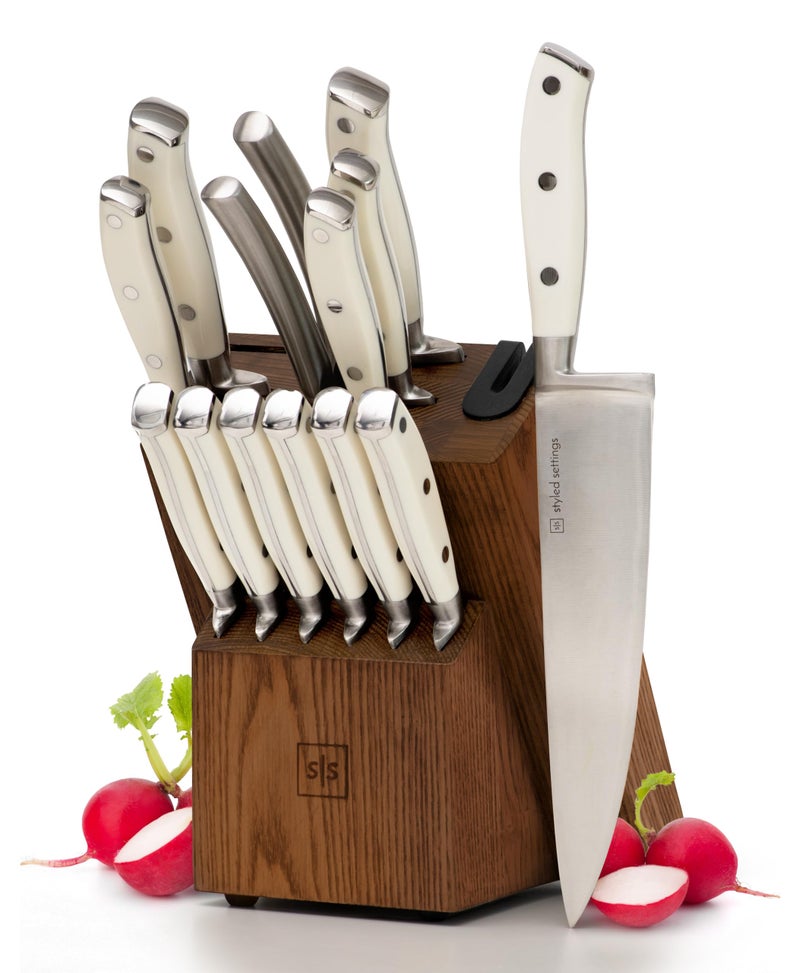 styled settings White Knife Set with Block â€“ 14-Piece Forged Stainless Steel Knives with Triple Rivet Handles, Heavy-Duty Kitchen Shears, and Self-Sharpening Knife Block â€“ Durable White Kitchen Accessories - Image 1